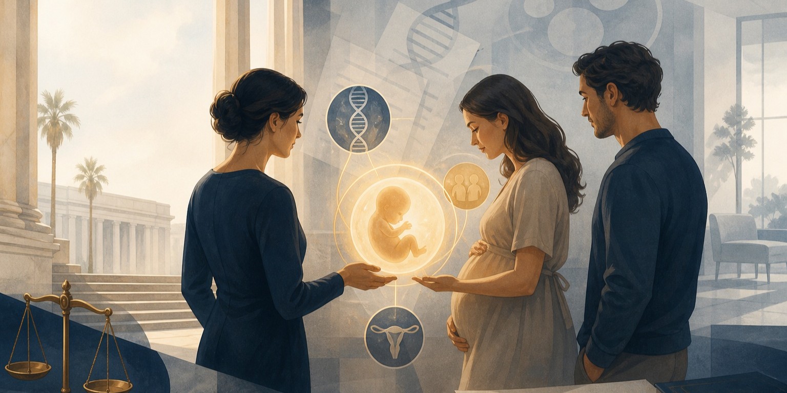 Editorial illustration of three symbolic figures around a glowing embryo in a California surrogacy-law setting
