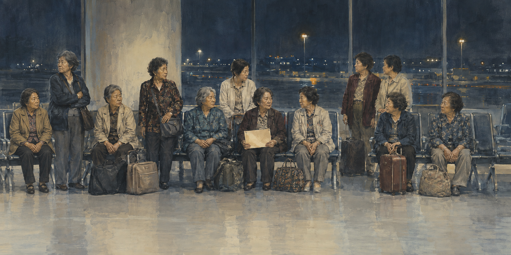 Illustration of older women with luggage waiting in an airport terminal at night