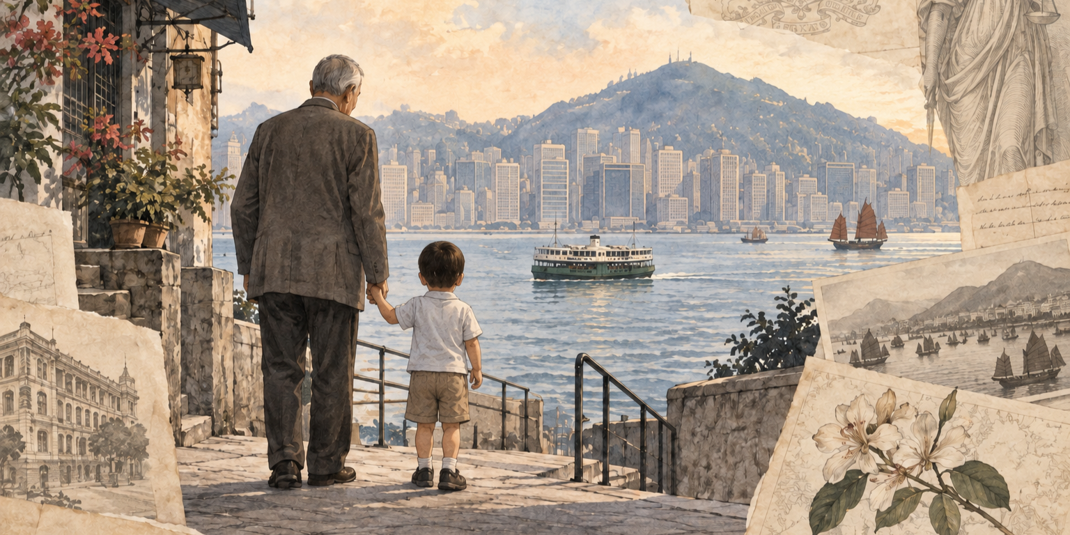 A watercolor illustration of a grandfather holding a young boy’s hand overlooking Hong Kong harbour