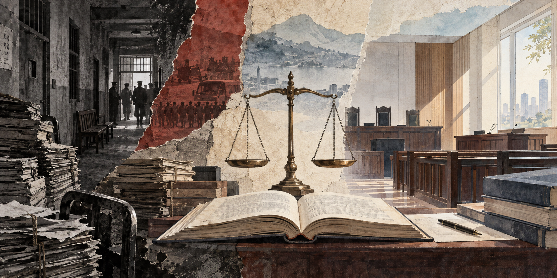 A legal-history illustration transitioning from stacked case files and a dark corridor to a bright courtroom