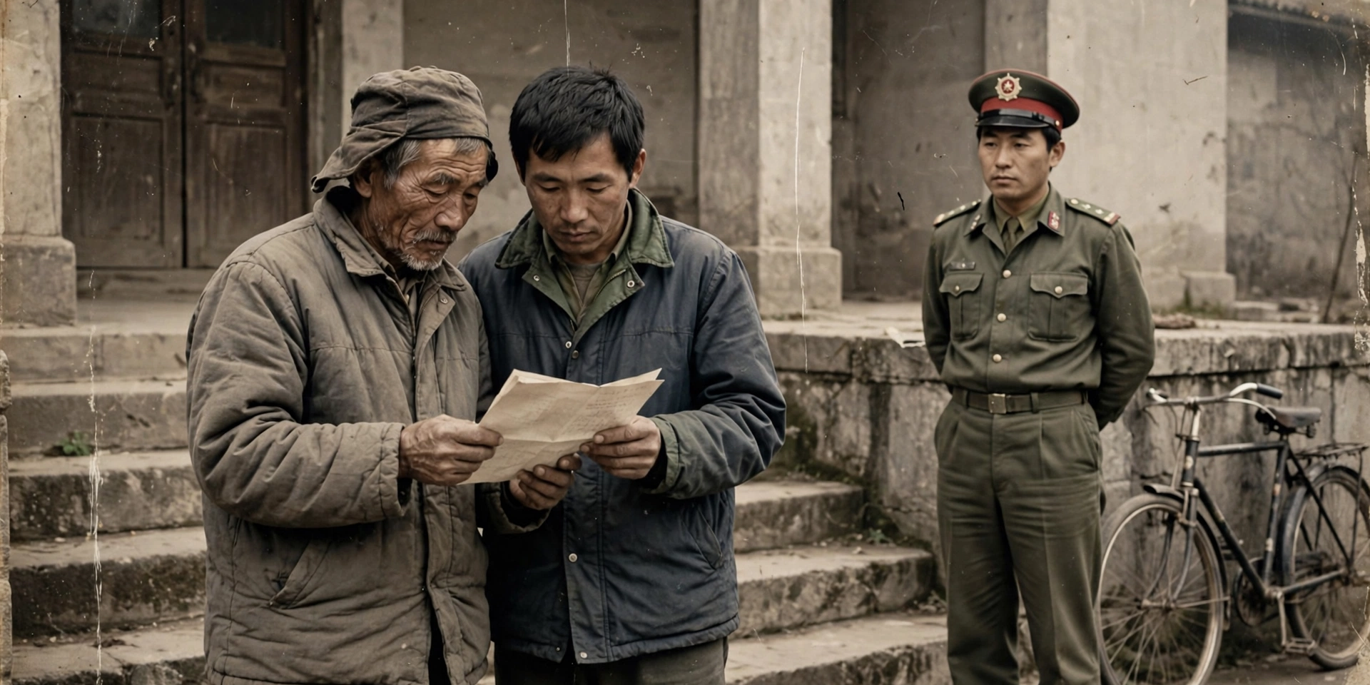 An old-photograph-style image: a farmer father and son holding a document before a 1980s county courthouse, a police officer standing to one side
