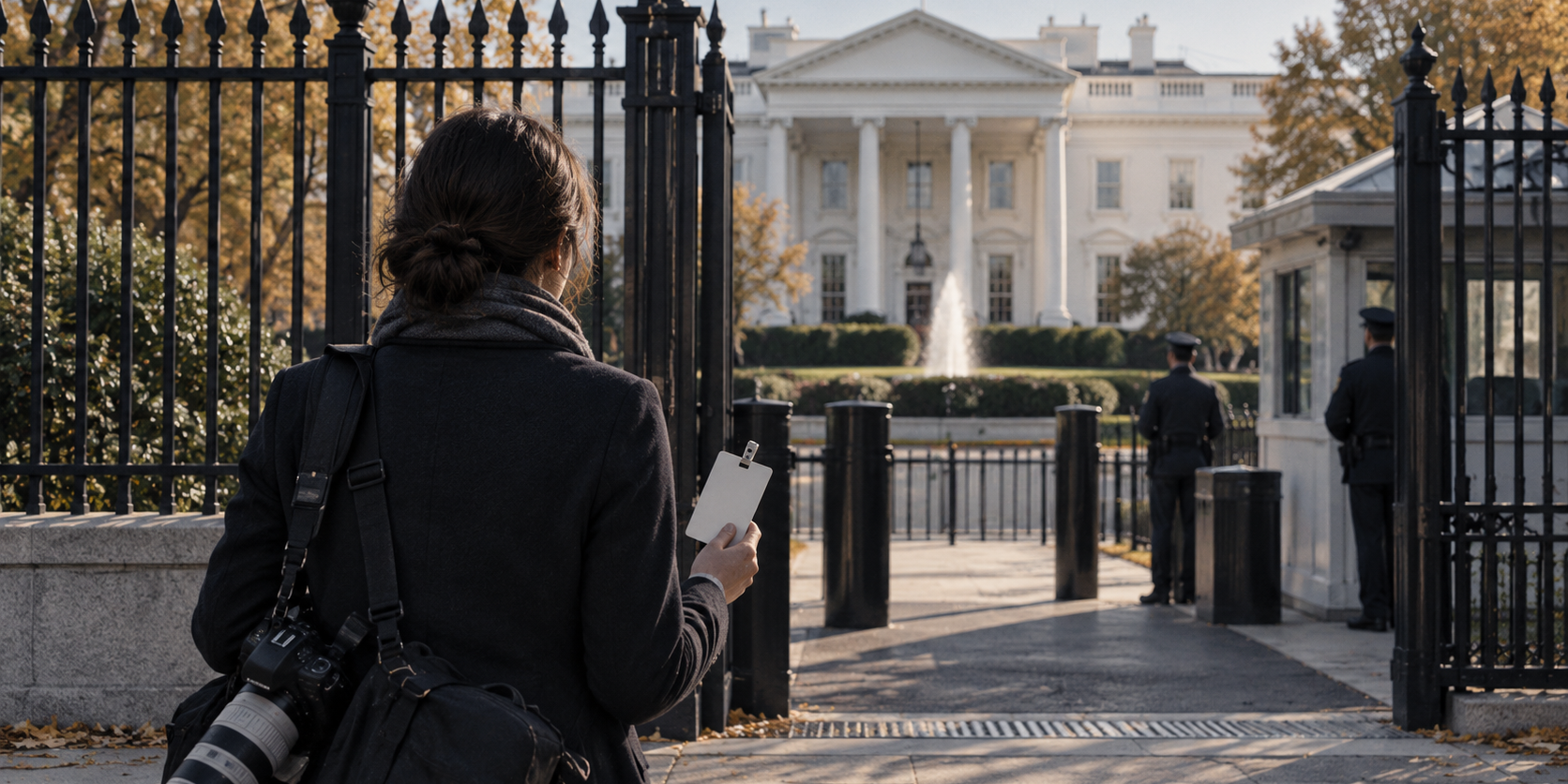 An illustration of a reporter holding a credential before the White House fence and security entrance